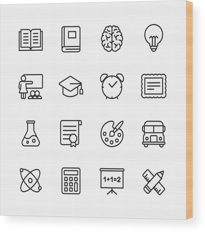 Education Wood Print featuring the drawing Education Line Icons. Editable Stroke. Pixel Perfect. For Mobile and Web. Contains such icons as Book, Brain, Inspiration, School Bus, Certificate. by Rambo182