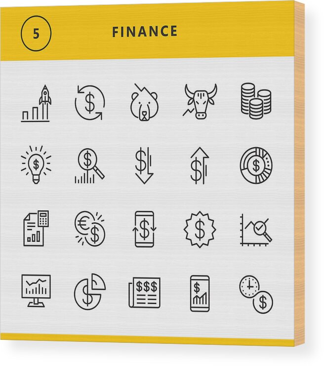 Coin Wood Print featuring the drawing Finance line icons #1 by Steppeua