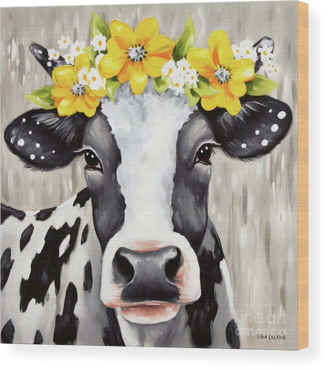 Black And White Cow Wood Print featuring the painting Marvelous Millie #1 by Tina LeCour