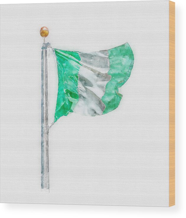 Watercolor Wood Print featuring the digital art National flag of Nigeria on a flagpole, isolated on white background by Maria Kray
