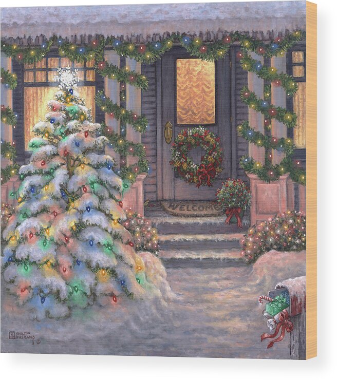 Country Wood Print featuring the painting Welcome to Christmas #1 by Janet Kruskamp