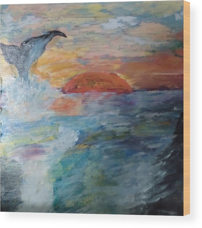 Whale Wood Print featuring the painting Whale at Sunset by Suzanne Berthier
