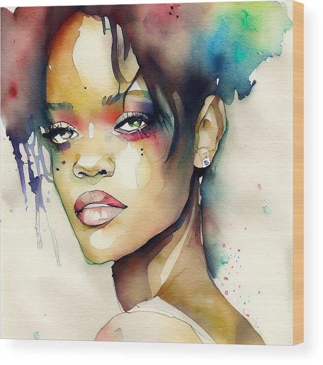 Rihanna Wood Print featuring the mixed media Watercolour Of Rihanna #4 by Smart Aviation