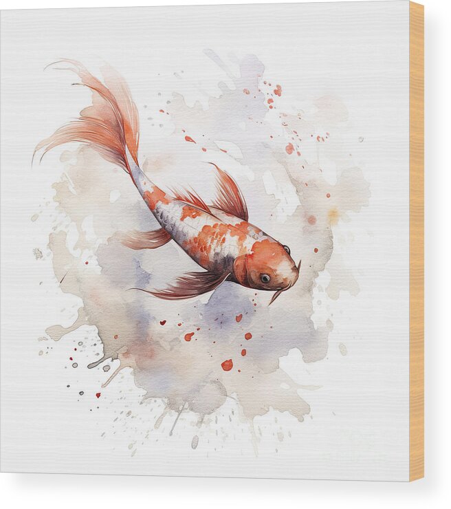 Carp Wood Print featuring the photograph A beautiful Japanese koi fish in traditional sumi-e watercolour by Jane Rix