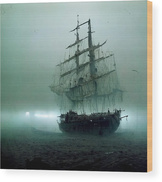 A Ghostly Ship Emerging From The Fog Rolling Over Thr Se E7f61813 F958 4e84 8b8d 98f8171ba3c6  Motionage  Asar Studios  Asar Studios Creative Wood Print featuring the painting A Ghostly Ship Emerging From The Fog Rolling Over Thr Se E7f61813 F958 4e84 8b8d 98f8 by Celestial Images