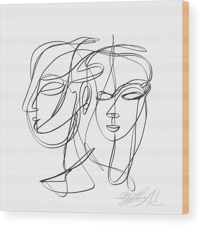Sketch Wood Print featuring the digital art A one-line abstract drawing depicting two faces in a symbiotic relationship by OLena Art