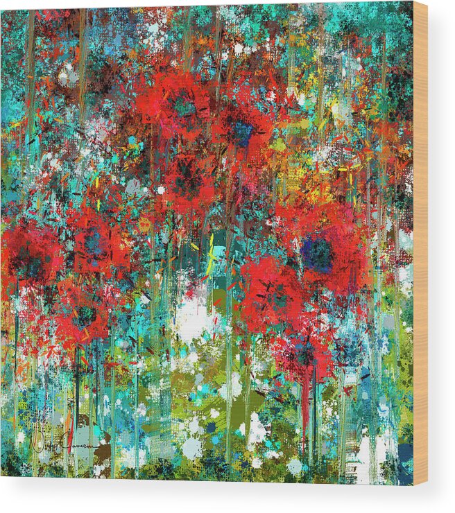 Abstract Wood Print featuring the mixed media Abstract 6 Poppies in a Field by Nicky Jameson