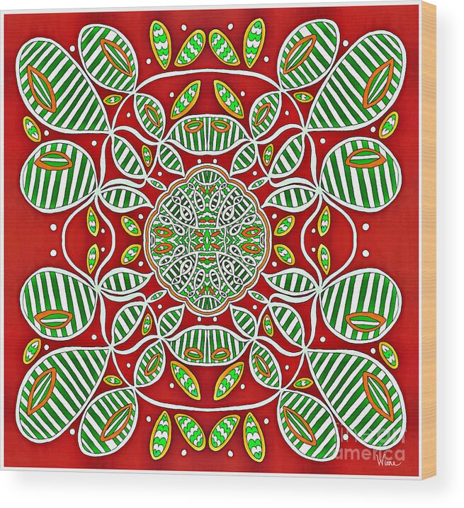Pillow Design Wood Print featuring the mixed media Abstract Design with Loops on Loops in Red, Orange, Green and White by Lise Winne