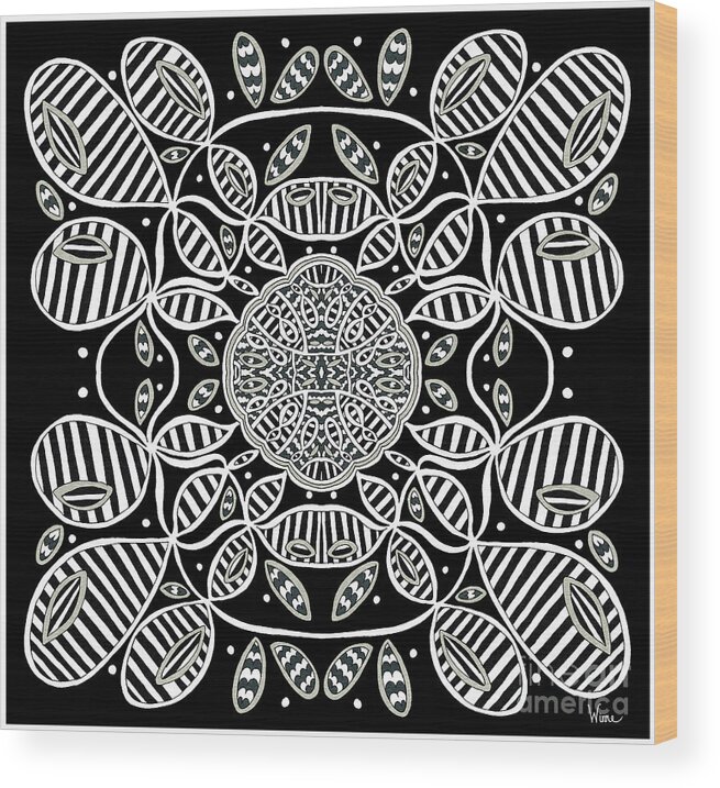 Textured Wood Print featuring the mixed media Abstract Design with Textured Black and White Loops and Detailed Center by Lise Winne