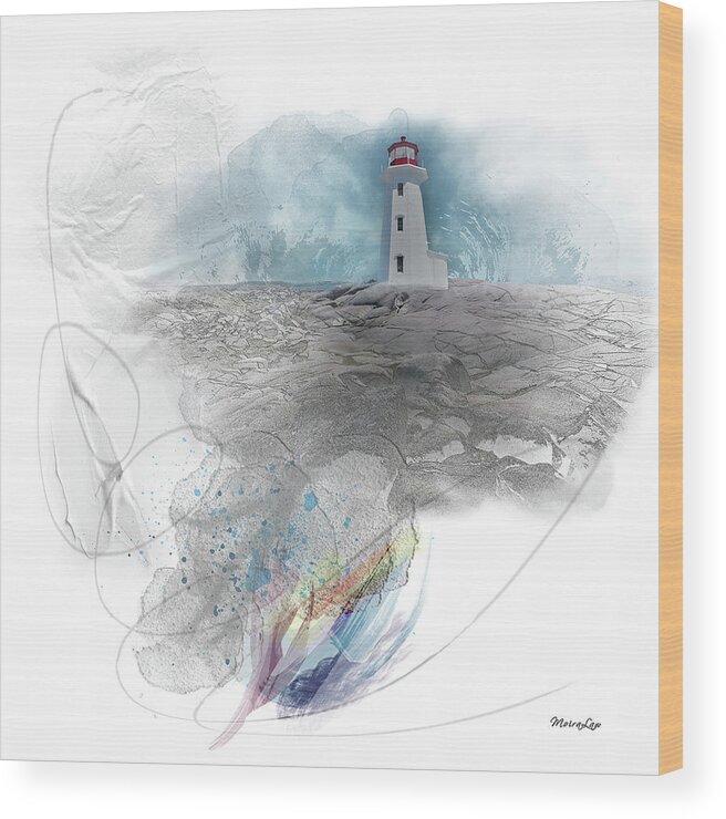 Lighthouse Wood Print featuring the mixed media Alone Against the Wave by Moira Law