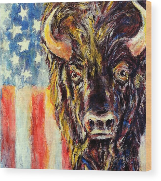 American Buffalo Flag Patriotic Wood Print featuring the painting American Buffalo by John Bohn