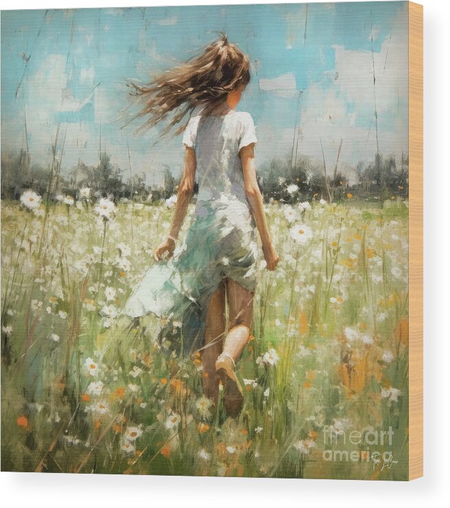 Little Girl Wood Print featuring the painting Amongst The Wildflowers by Tina LeCour