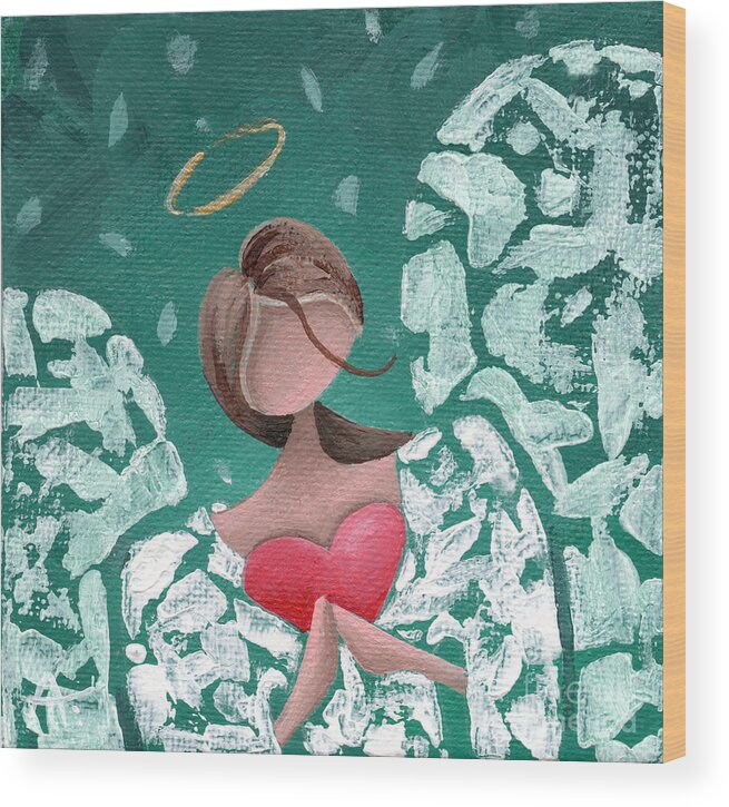 Angel Wood Print featuring the painting Angel Hearted - Teal Square by Annie Troe