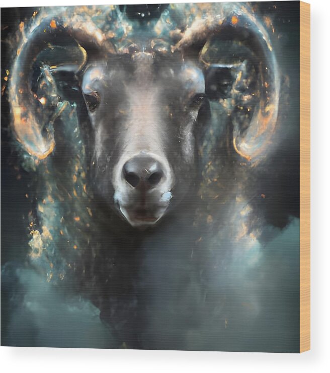 Digital Aries Zodiac Ram Horns Wood Print featuring the digital art Aries And Stars by Beverly Read