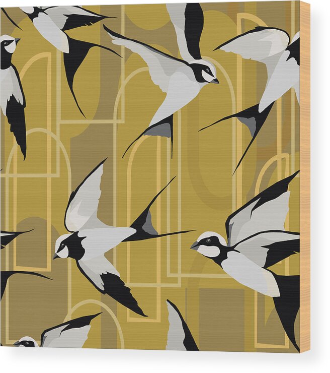 Seamless Repeat Wood Print featuring the digital art Art Deco Swallows on Gold by Sand And Chi