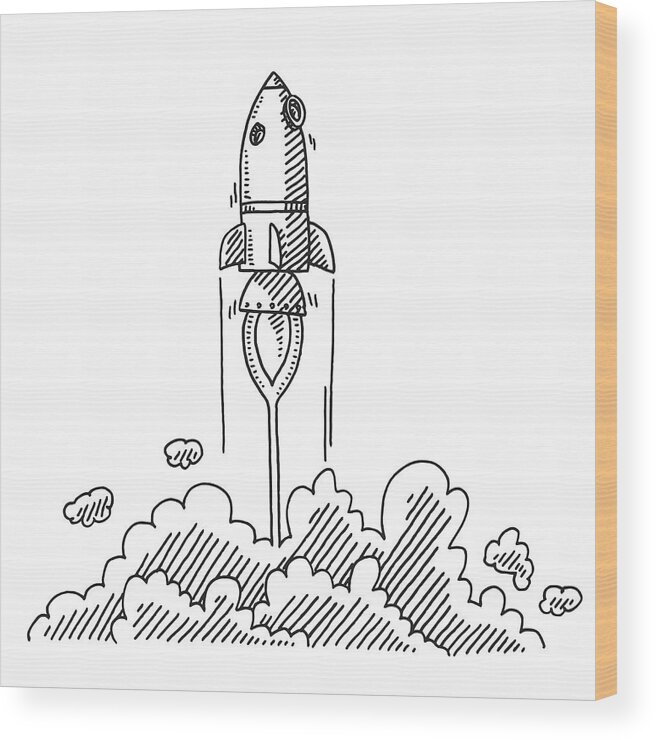 New Business Wood Print featuring the drawing Ascending Rocket Startup Company Concept Drawing by FrankRamspott