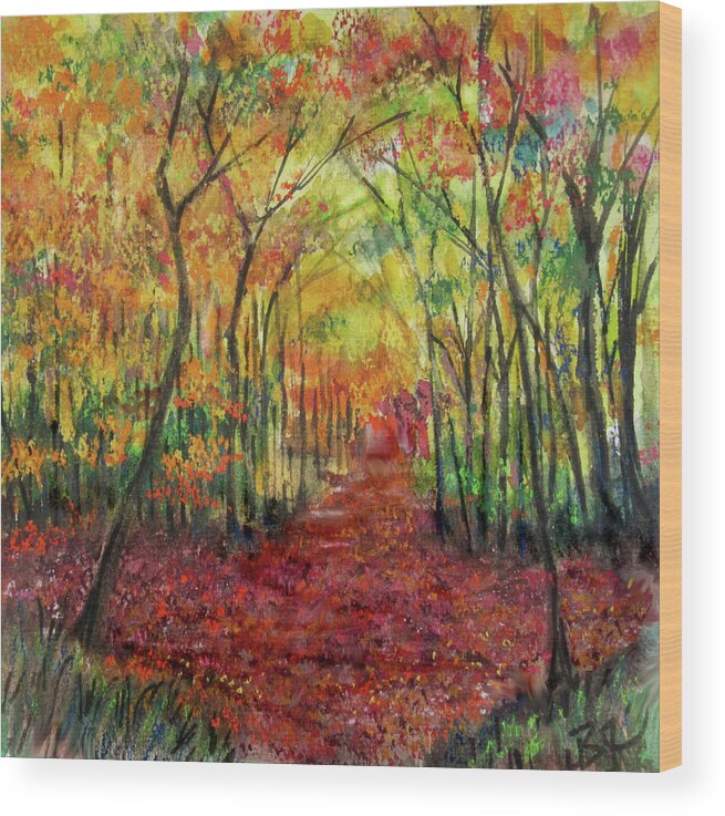 Autumn Forest Wood Print featuring the painting Autumn Forest Sunlight by Jean Batzell Fitzgerald