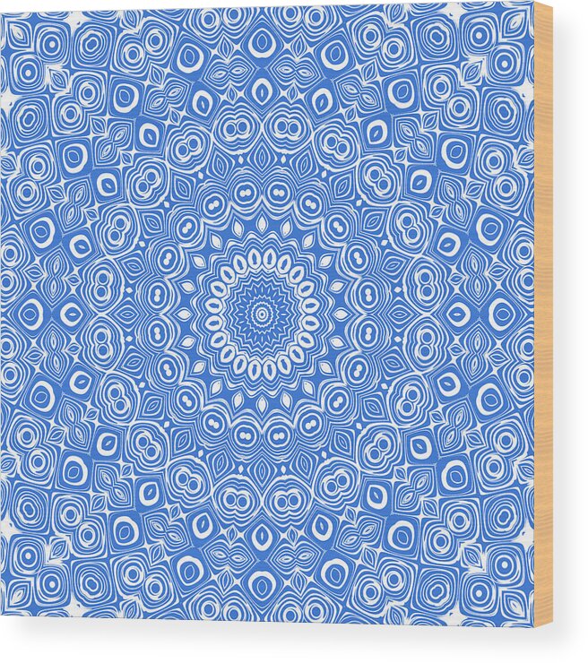 Azure Wood Print featuring the digital art Azure Blue on White Mandala Kaleidoscope Medallion by Mercury McCutcheon