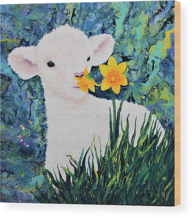 Art Home Décor Wall Art Acrylic Painting Abstract Painting Kid Sheep Animals White Animals Yellow Flowers Wood Print featuring the painting Baby Lamb by Tanya Harr