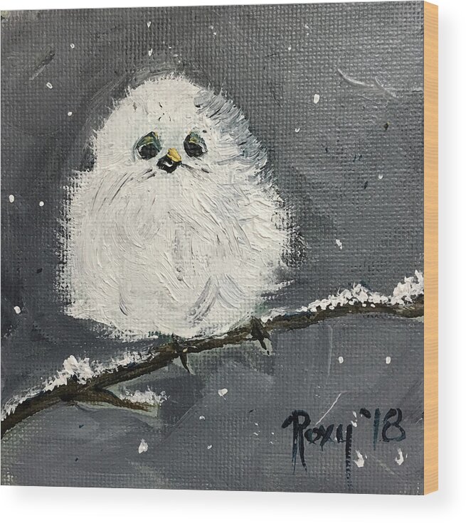 Baby Bird Wood Print featuring the painting Baby Long Tailed Tit in the Snow by Roxy Rich