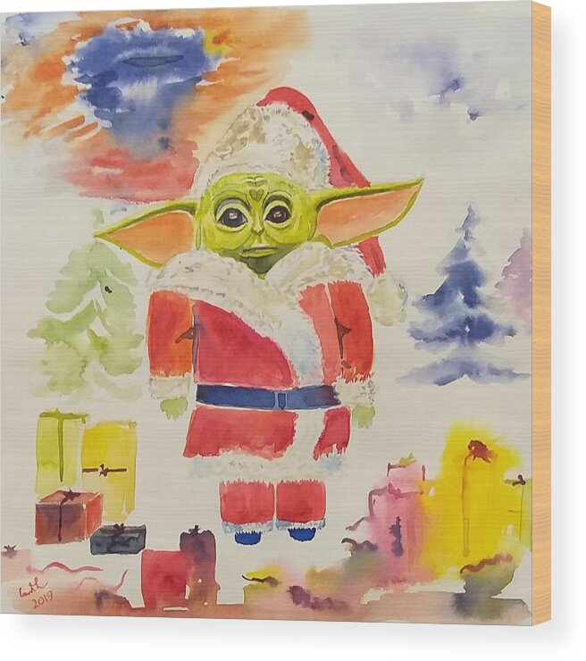 Baby Yoda Wood Print featuring the painting Baby Yoda or Santa Clause , December Gift by Geeta Yerra