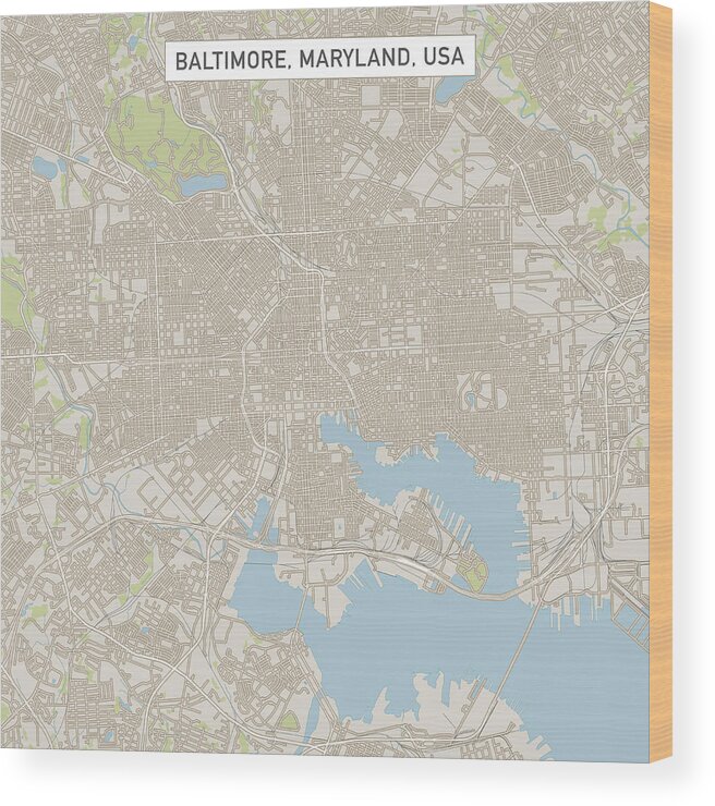 Downtown District Wood Print featuring the drawing Baltimore Maryland US City Street Map by FrankRamspott