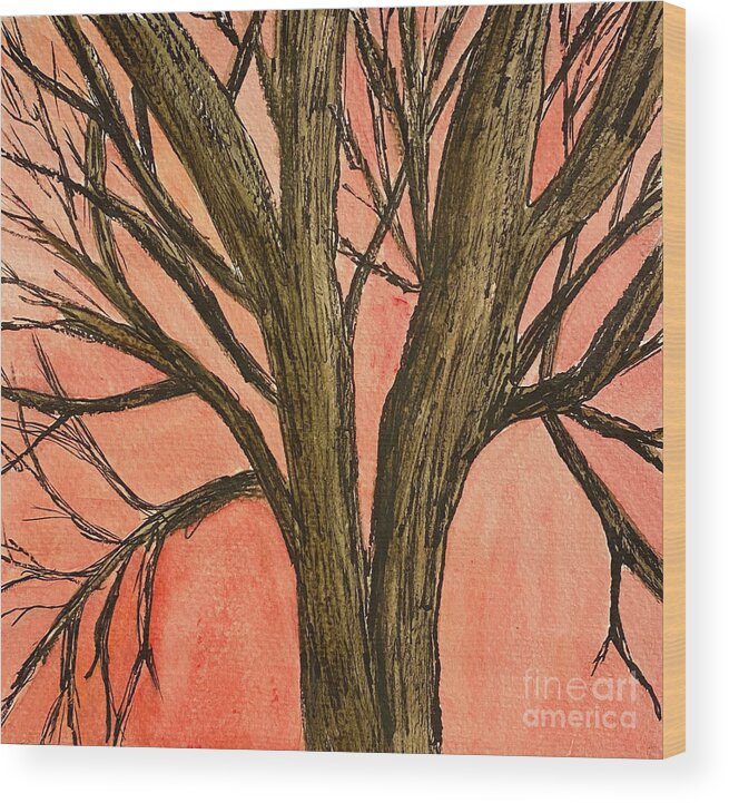 Tree Wood Print featuring the mixed media Bare Tree Sunset by Lisa Neuman