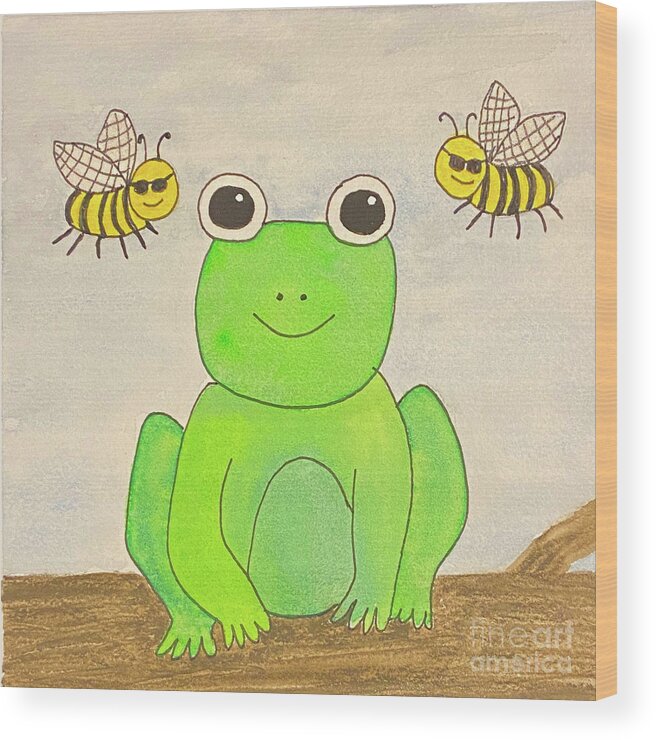 Frog Wood Print featuring the mixed media Be Hoppy by Lisa Neuman