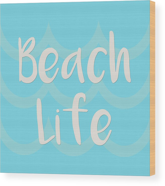 Beach Wood Print featuring the digital art Beach Life with Waves in Blue by Angie Tirado
