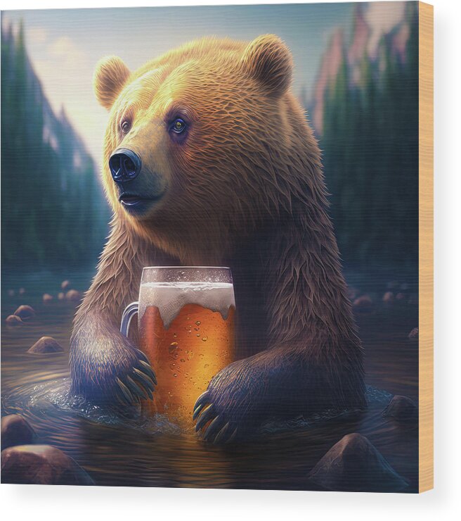 Bear Wood Print featuring the digital art Bear Beer Buddy 03 by Matthias Hauser