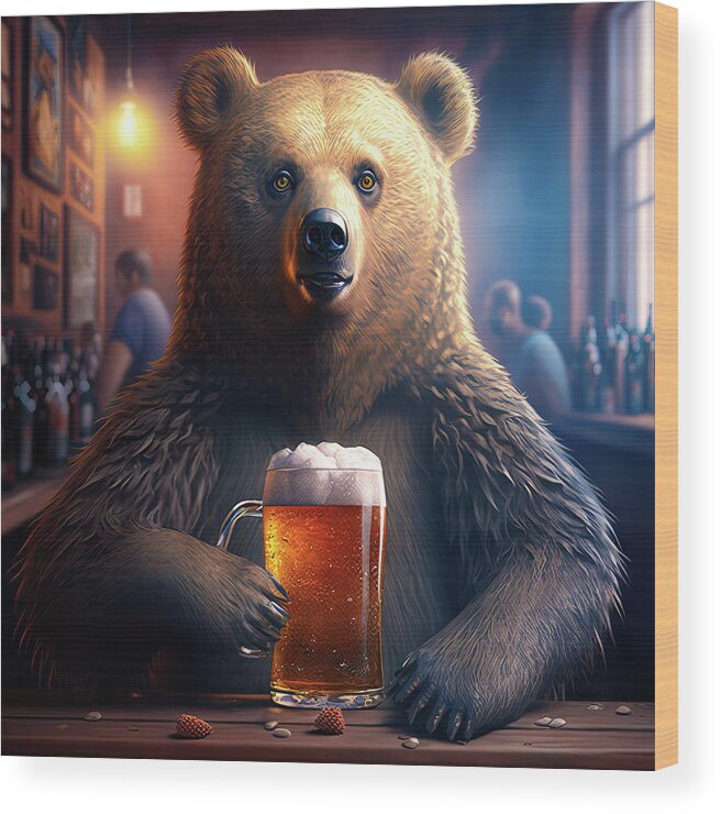 Bear Wood Print featuring the digital art Bear Beer Buddy 05 by Matthias Hauser