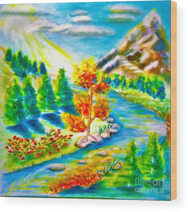 Bear Wood Print featuring the digital art Bear Mountain Autumn Pastel Chalk Drawing Digitally Altered by Delynn Addams