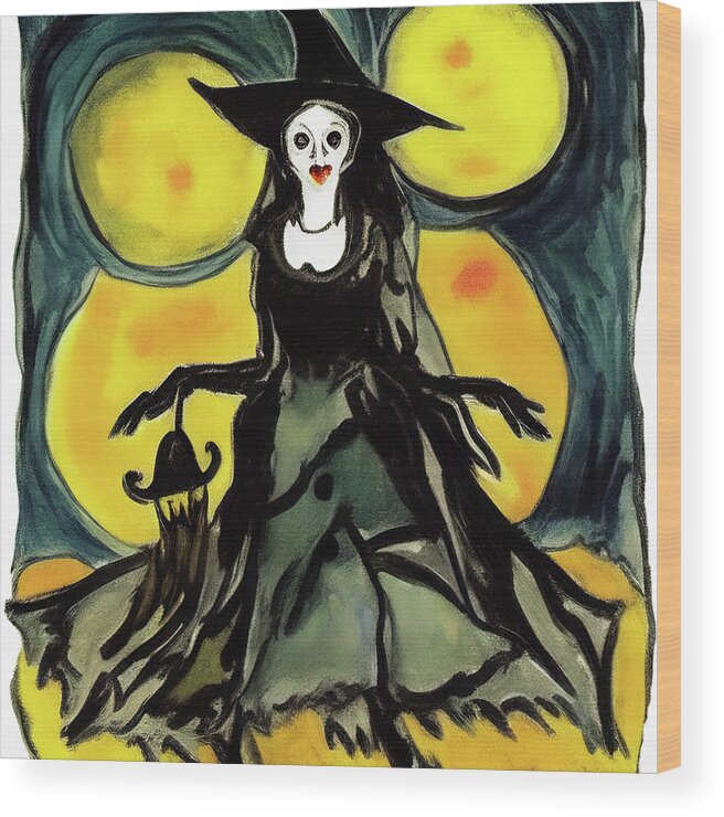 Halloween Wood Print featuring the digital art Beautiful classy Halloween witch by Tatiana Travelways