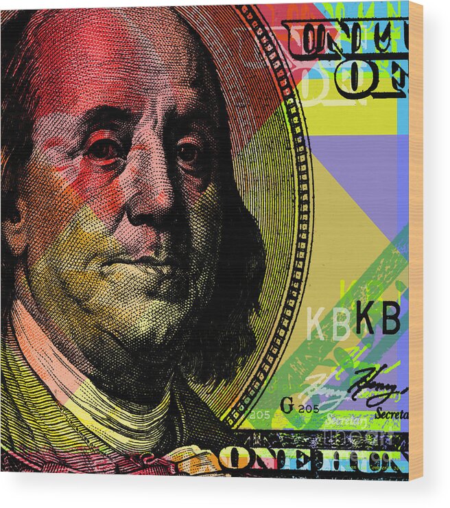 Benjamin Franklin Wood Print featuring the digital art Benjamin Franklin - $100 bill by Jean luc Comperat