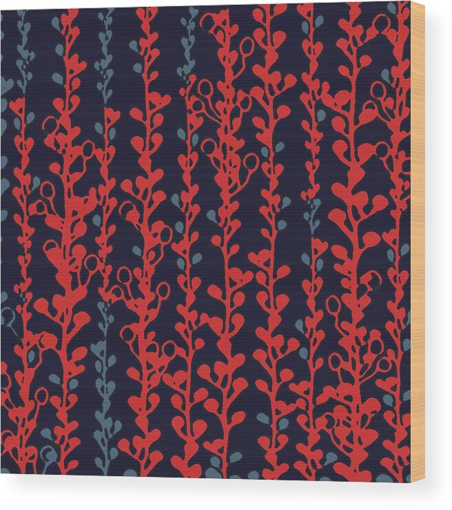 Vines Wood Print featuring the digital art Berry Vines Red and Navy by Sand And Chi