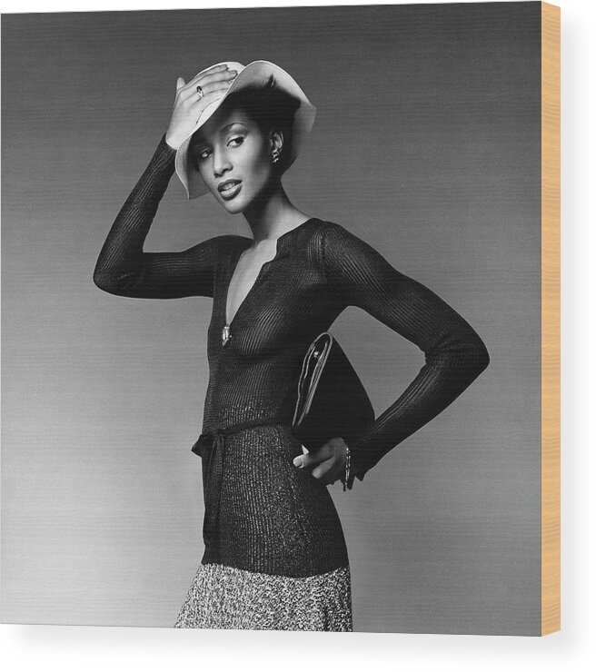 Accessories Wood Print featuring the photograph Beverly Johnson Wearing A Sheer Ribbed Pullove by Francesco Scavullo