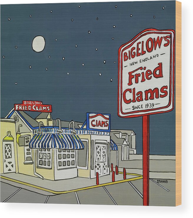Bigelow's Fried Clam Lobster Rolls New England Clam Clowder Manhattan Clam Clowder Lobster Clams Fired Fish Wood Print featuring the painting Bigelow's by Mike Stanko