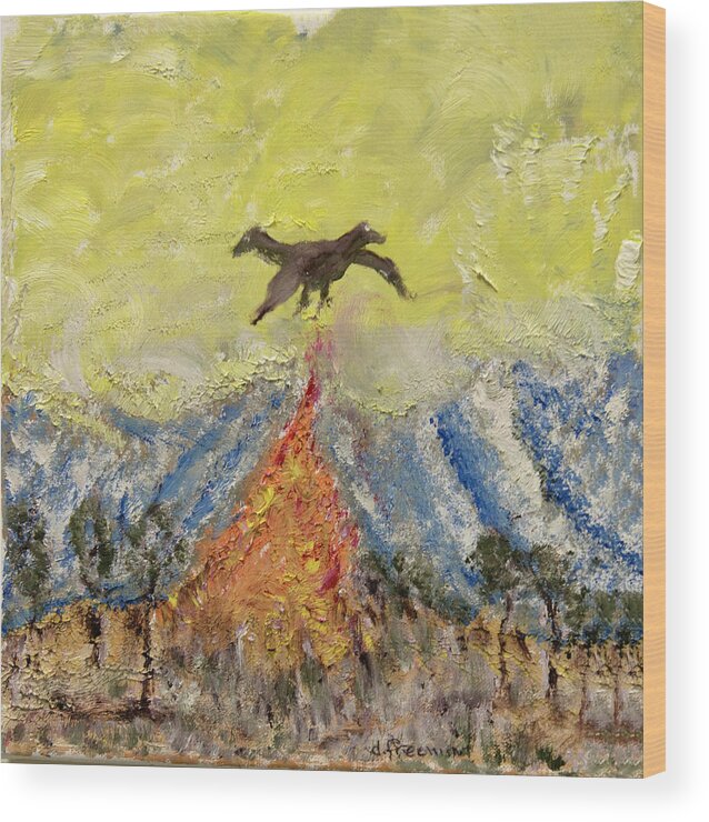  Wood Print featuring the painting Bird Escapes Fire in the Forest by David McCready