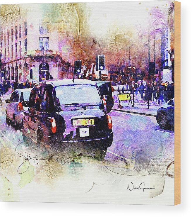 London Wood Print featuring the mixed media Black Cab on Streets of London by Nicky Jameson