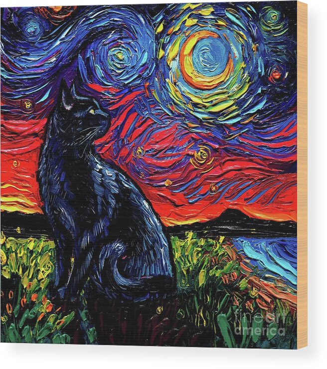 Black Cat Night 2 Wood Print featuring the painting Black Cat Night 2 by Aja Trier