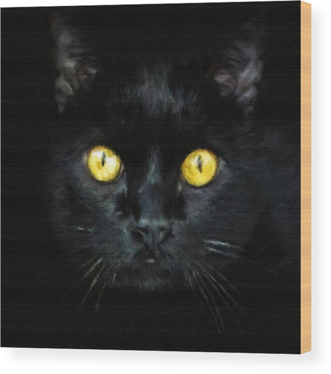 Black Cat Wood Print featuring the painting Black Cat With Golden Eyes by Modern Art
