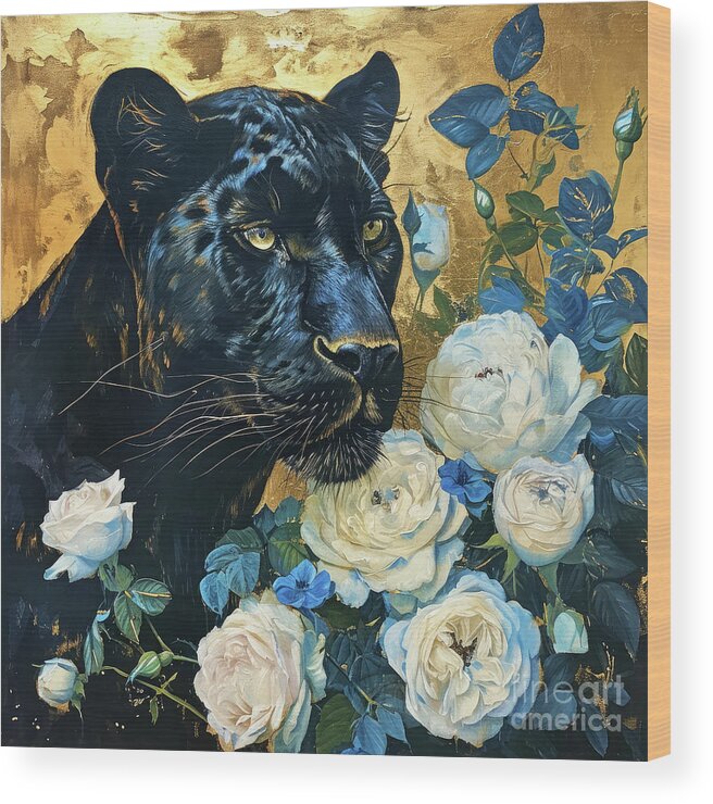 Panther Wood Print featuring the painting Black Panther In Roses by Tina LeCour