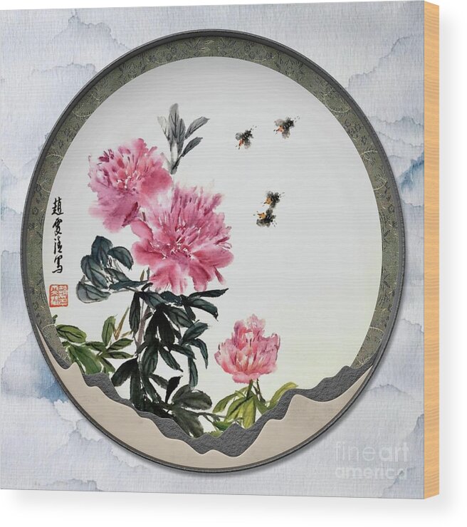 Pretty Wood Print featuring the painting Blooming Flowers and Full Moon Brings Longevity by Carmen Lam