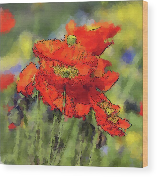 Poppies Wood Print featuring the painting Blooming Poppies by Alex Mir