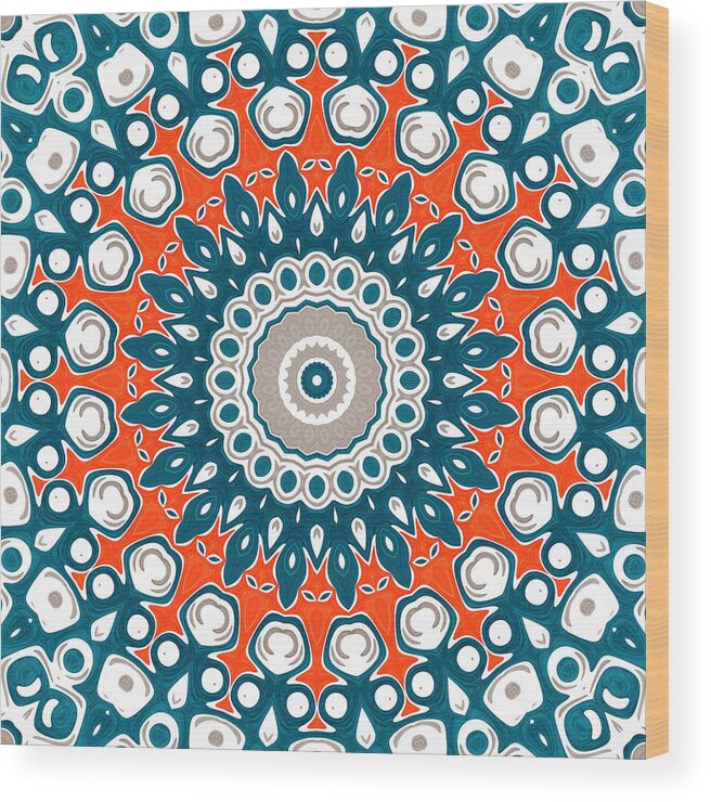 Blue And Orange Wood Print featuring the digital art Blue and Orange Mandala Kaleidoscope Medallion Flower by Mercury McCutcheon