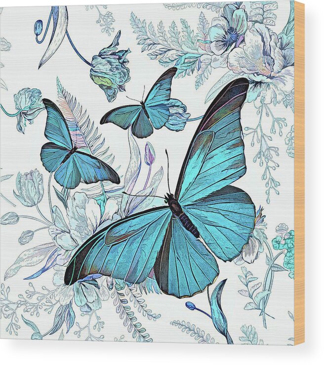 Blue Butterfly Wood Print featuring the painting Blue Butterfly Trio by Tina LeCour