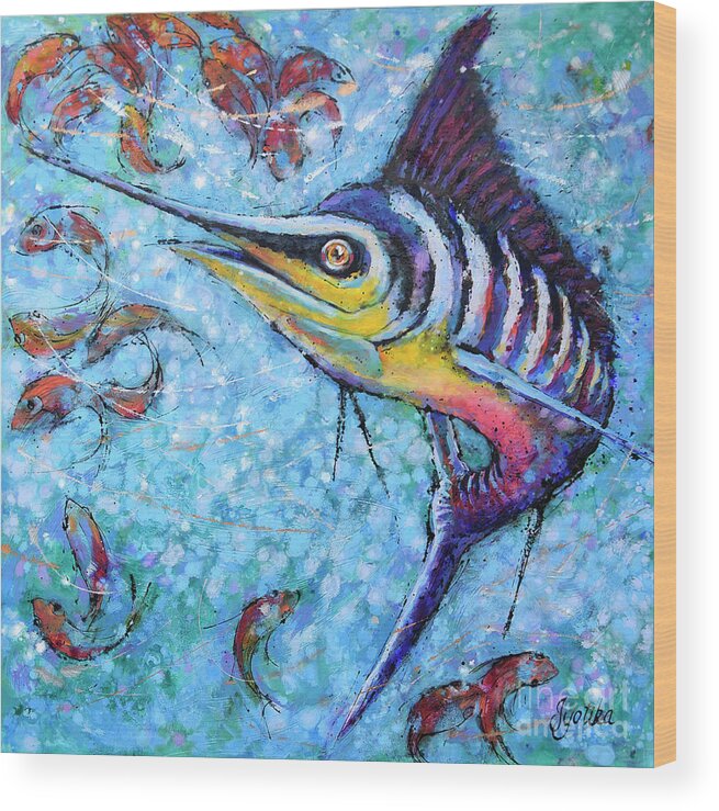 Blue Marlin Wood Print featuring the painting Blue Marlin Hunting by Jyotika Shroff