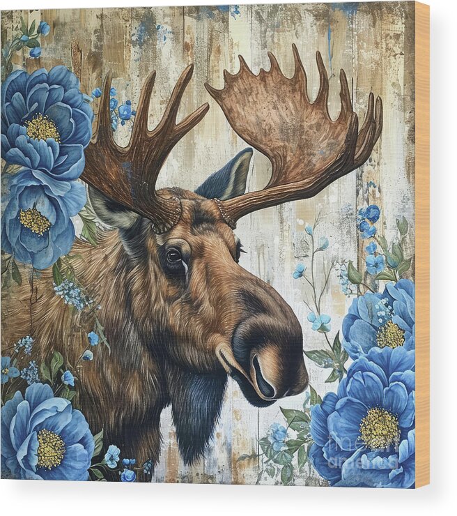 Moose Wood Print featuring the painting Blue Peony Moose by Tina LeCour