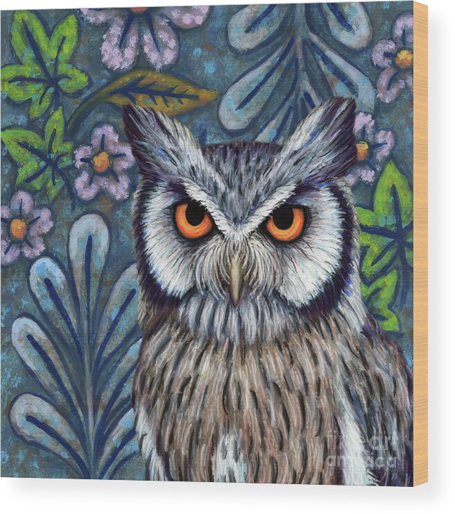 Owl Wood Print featuring the painting Blue Scops Owl Floral by Amy E Fraser