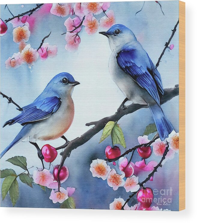 Bluebirds Wood Print featuring the painting Bluebirds in the Cherry Tree by Tina LeCour